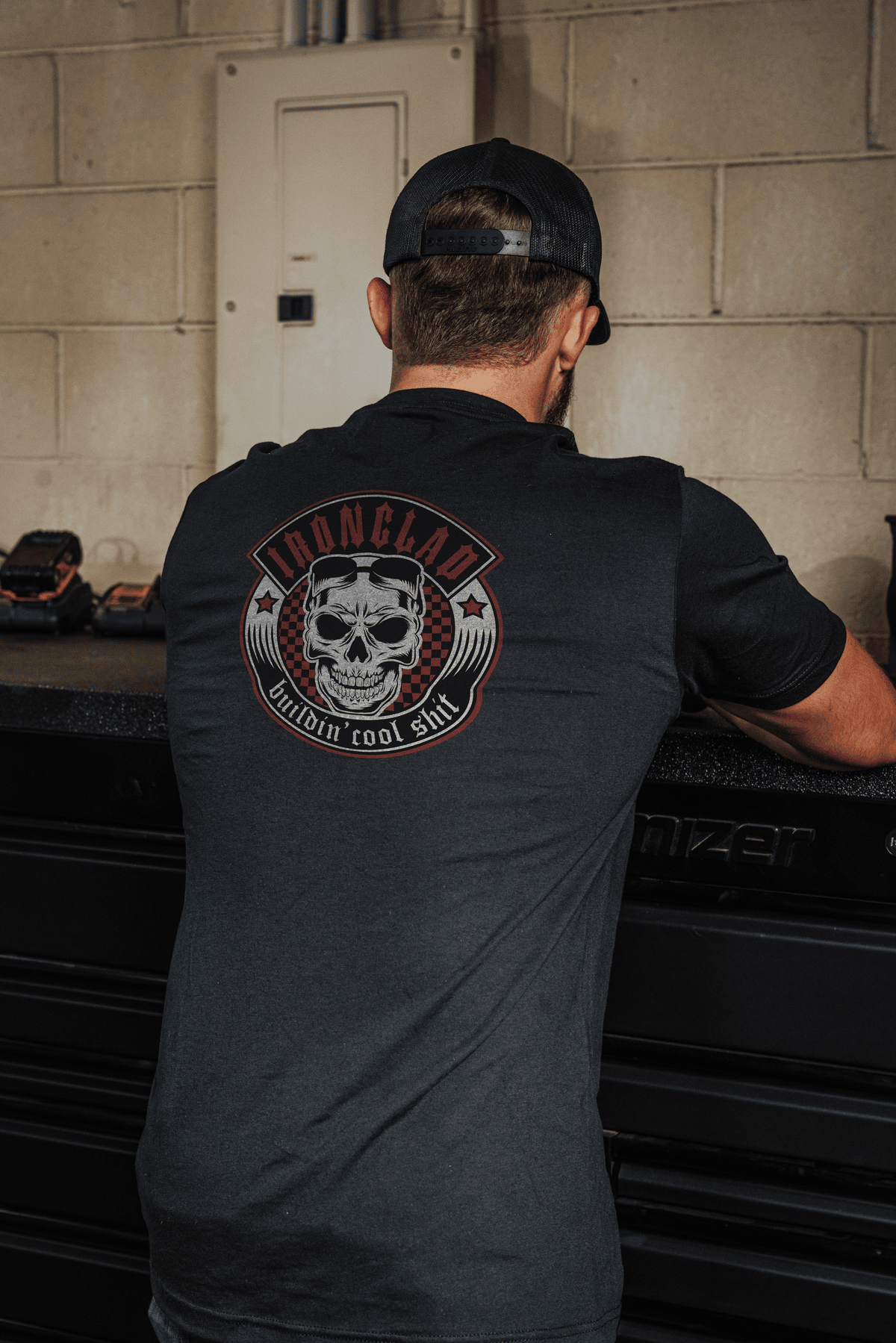 Ironclad Red Checker Board Skull Black T-shirt